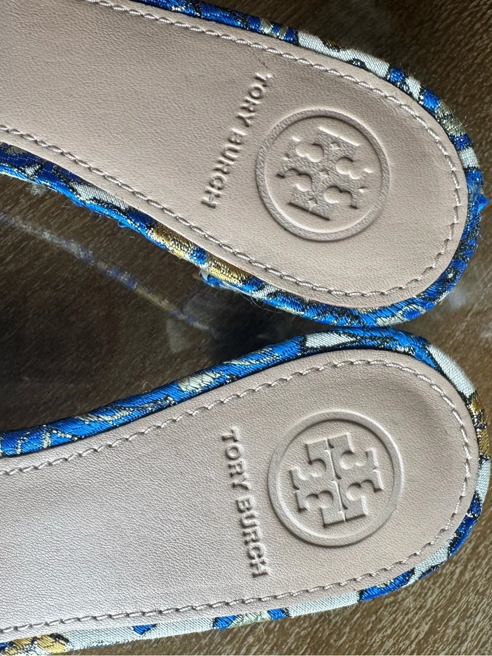 Tory Burch Valentina Brocade Crystal Bow Slide Sandals Blue Gold Size 6